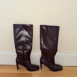 Brown PU Croc Leather Knee-High Boots - Torrance Princess Polly